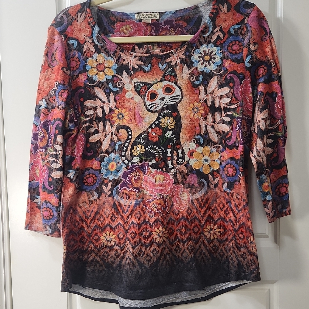 Energe Sugar Skull Cat Print Long Sleeve Top Medium